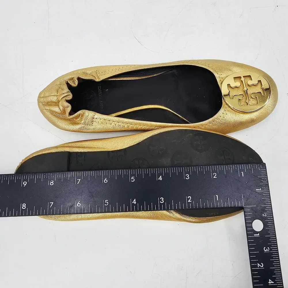 Tory Burch Minnie Gold Leather ballet flat Shoes gold logo medallion Women's 9